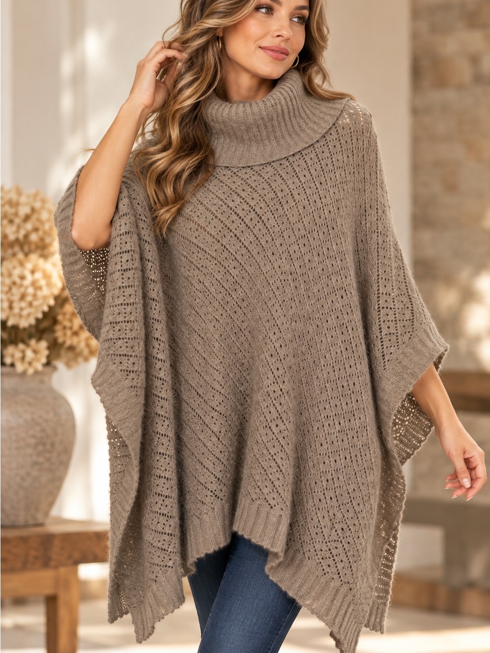Turtleneck Taupe Knit Poncho Sweater